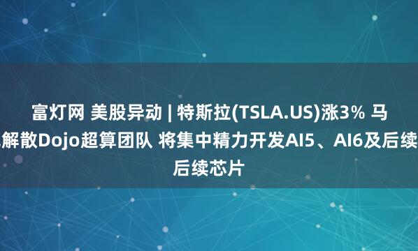 富灯网 美股异动 | 特斯拉(TSLA.US)涨3% 马斯克解散Dojo超算团队 将集中精力开发AI5、AI6及后续芯片